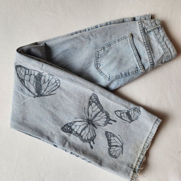 SHEIN Denim - Shein Butterfly Print Light Wash Wide-Leg Jeans Boho Fairy Cottagecore Cute